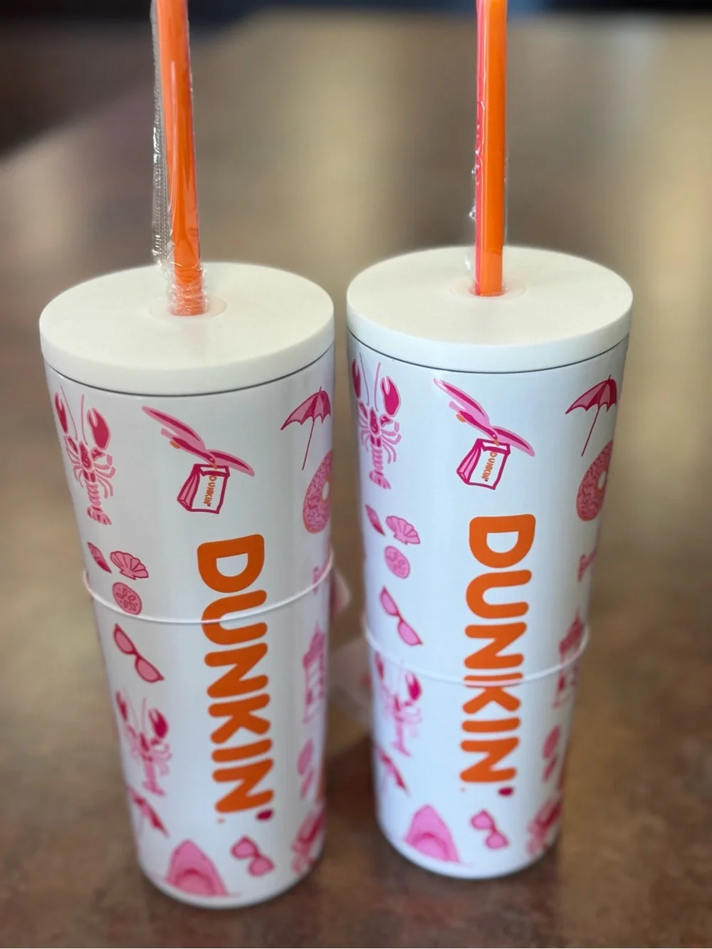 2 Dunkin Pink Summer Print Tumbler with Straw